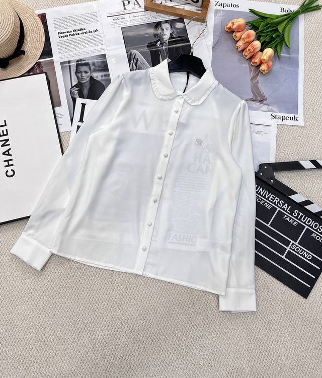 celine Ruffled Baby Collar Letter Embroidered Logo Shirt Satin Texture Fabric