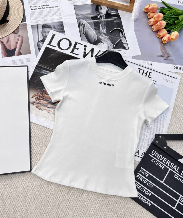 miumi* 25Ss Spring And Summer New Style Gray Chest Letter Embroidery Round Ne