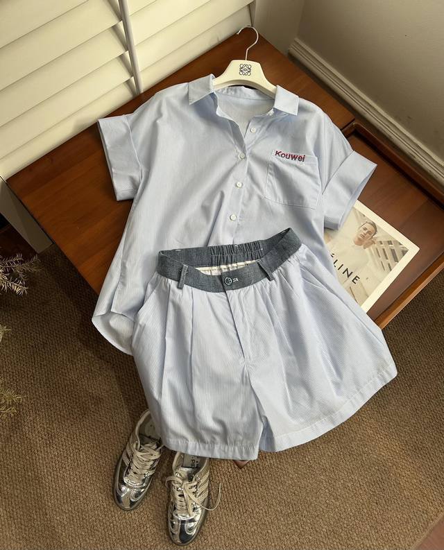Summer Update - Blue And White Striped Shirt Set 100% Cotton Simple Blue And Whi
