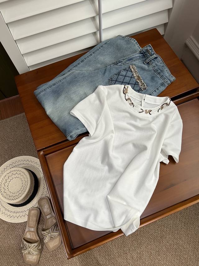 Summer Update - Neckline Beaded Top 100% Cotton Simple Yet Not Simple White T-Sh