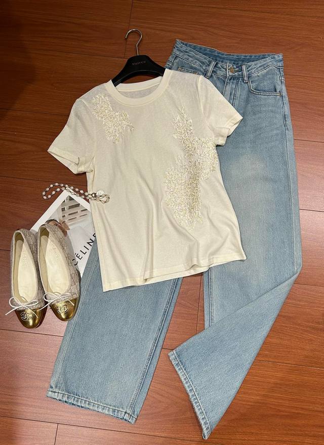 Spring And Summer Update - Heavy Embroidery Sequin T-Shirt 65% Cotton 35% Polyes