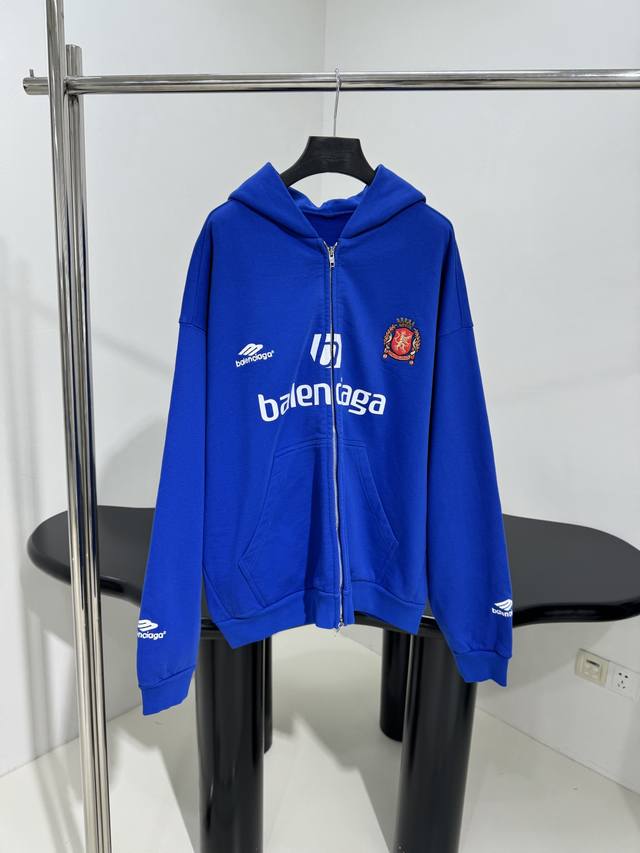 balenciag* Oversized Football Zip-Up Sweatshirt Custom-Dyed Sports Plain Fabr