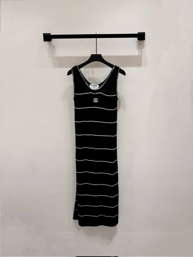 New 25Ss Chan*L Striped Knitted Series Vest Long Skirt Thin Breathable Pressure-