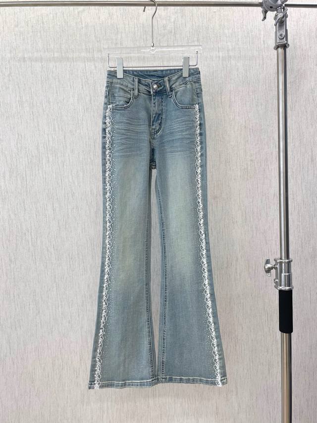 25 The New Light Blue Denim Flared Pants Feature White Lace On The Side. Deni