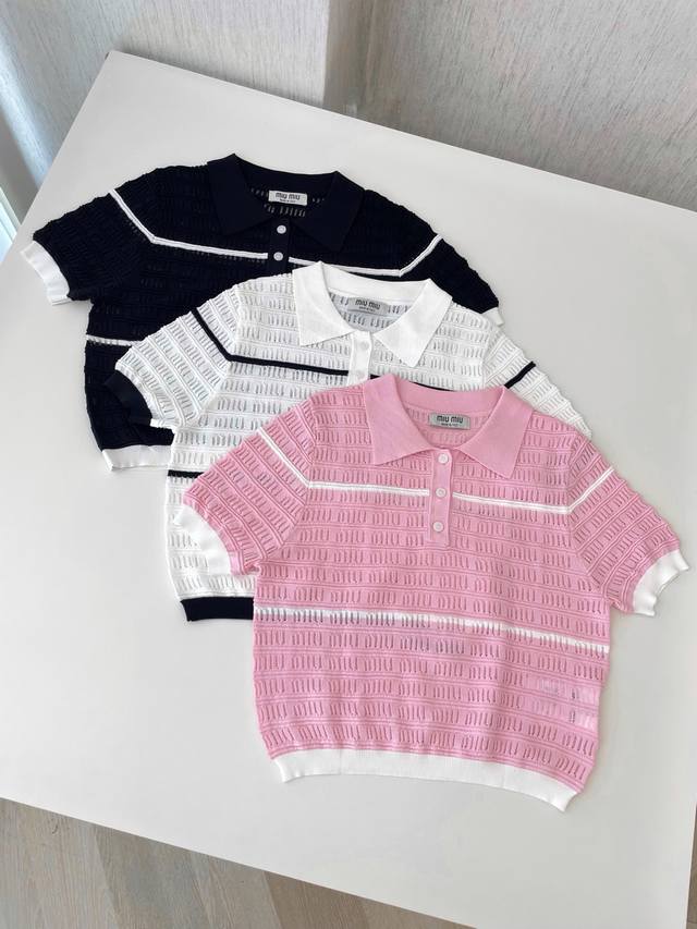 25 New Miu Miu Brand Short-Sleeved Polo Collar Sweater In Black, White And Pi