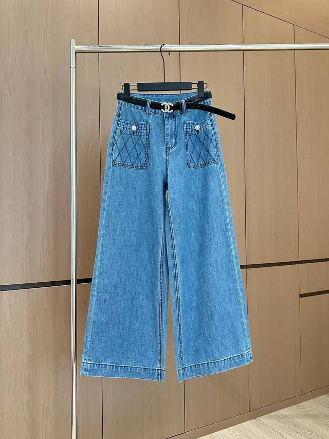 Hot Item In Stock Original Quality Chane* Custom Belt Decorated Nine-Point Jeans