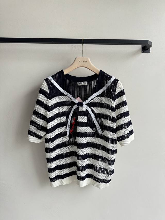 miumi* New Navy Shawl Striped Short Sleeve.