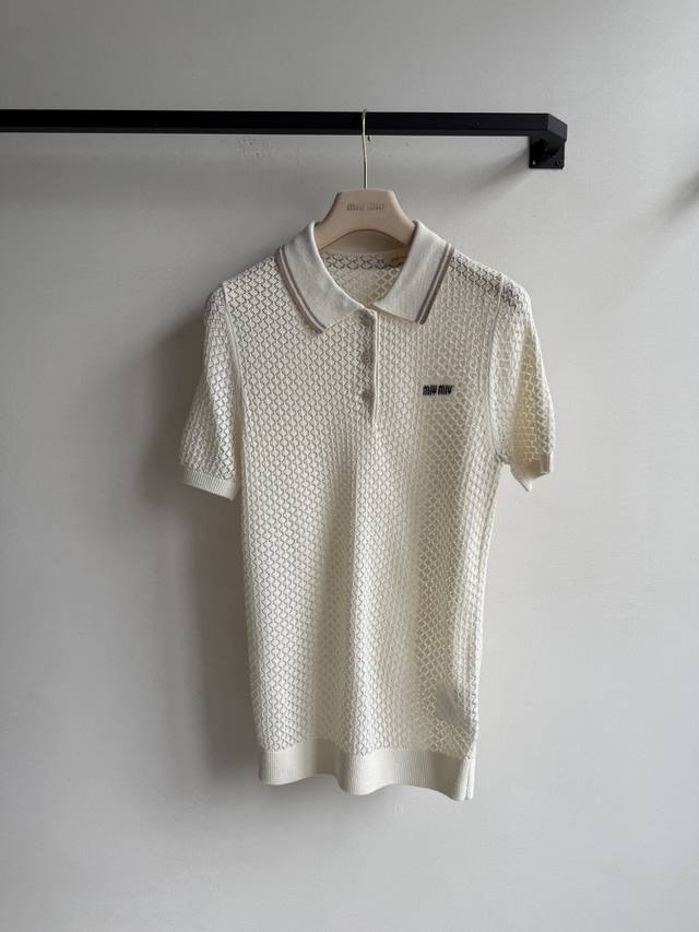 miumi*2025 New Hollow Knitted Lapel Short Sleeves Original Development High V