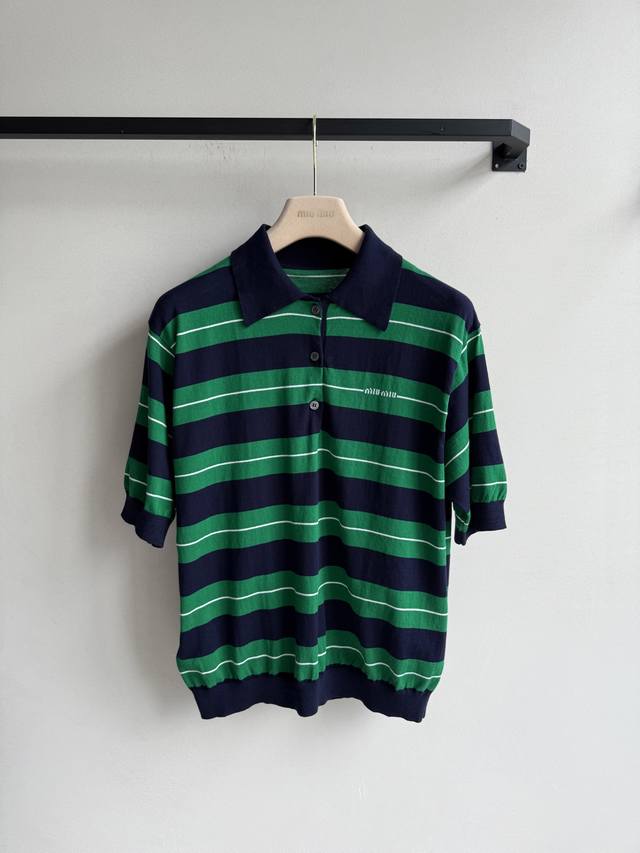 miumi* 25Ss Spring And Summer New Striped Polo Knitted Short-Sleeved Tops Ori