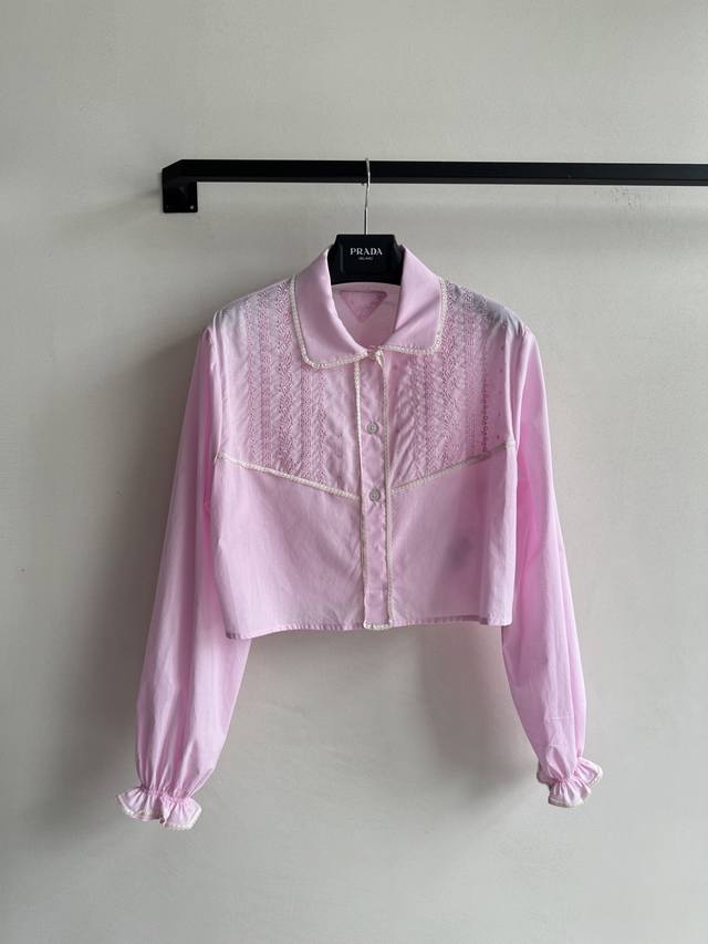 prad* Spring And Summer New Hollow Crochet Short Long-Sleeved Shirt Pink Shor