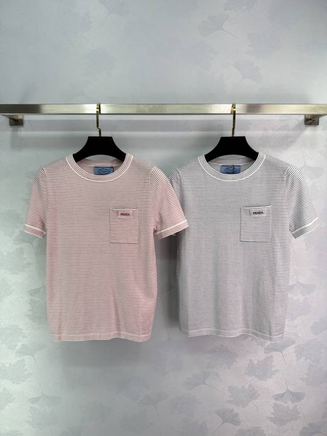 Striped Knitted Pocket Round Neck Short Sleeves Official Website Synchronized Cu