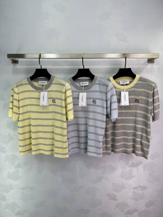 tb* Striped Knitted Short Sleeves In Yellow, Grey And Blue. Classic Striped D