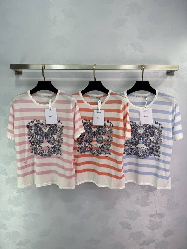 dio*Knitted Striped Short Sleeves In Three Colors: Pink, Orange And Blue. Flo