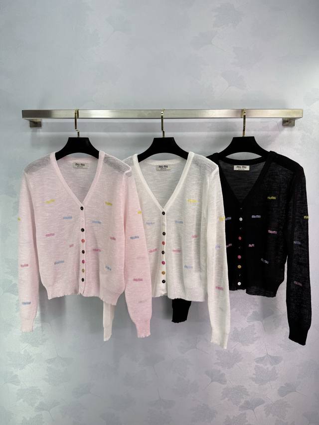 miu* Summer New Embroidered Letter Cardigan In Three Colors: Pink, White And