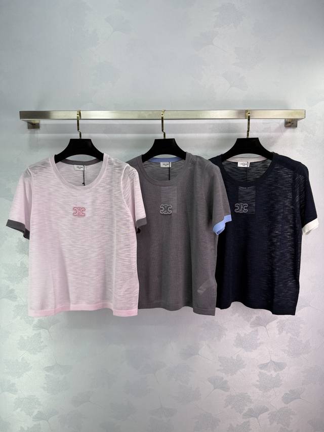 celin*Short-Sleeved Knitted Top In Three Colors: Pink, Gray, Dark Blue. Class
