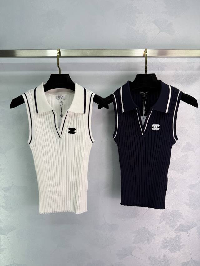 chane*25 Summer New Sleeveless Knitted Polo Shirt With Neat Black Edges, Outl