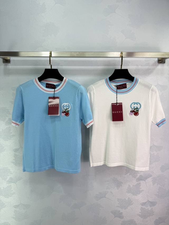 gucc*25 Spring And Summer New Knitted Round Neck Short Sleeves Color Stripes