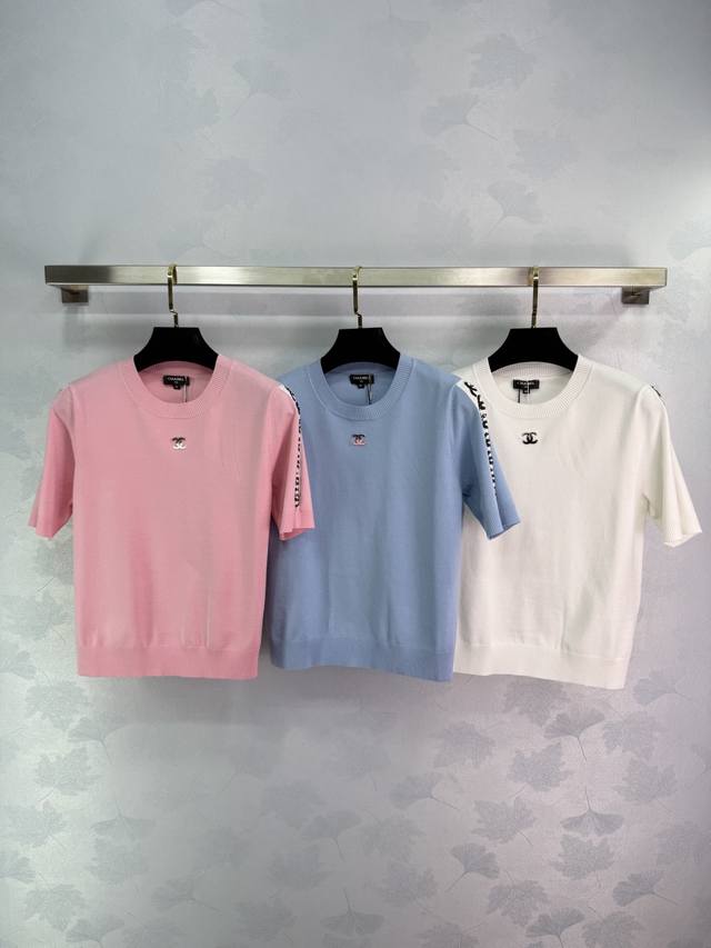 chane*2025 New Arrivals Shoulder Sleeve Sequins Double C Knitted Short Sleeve