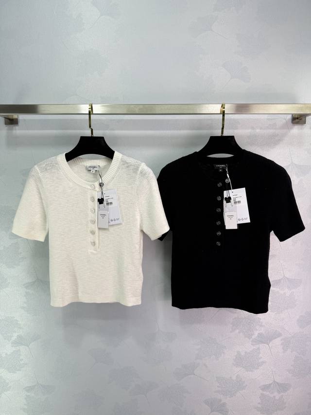 chane*Button Knitted Short Sleeves 2025 Beach Series Round Neck Ribbed Neckli