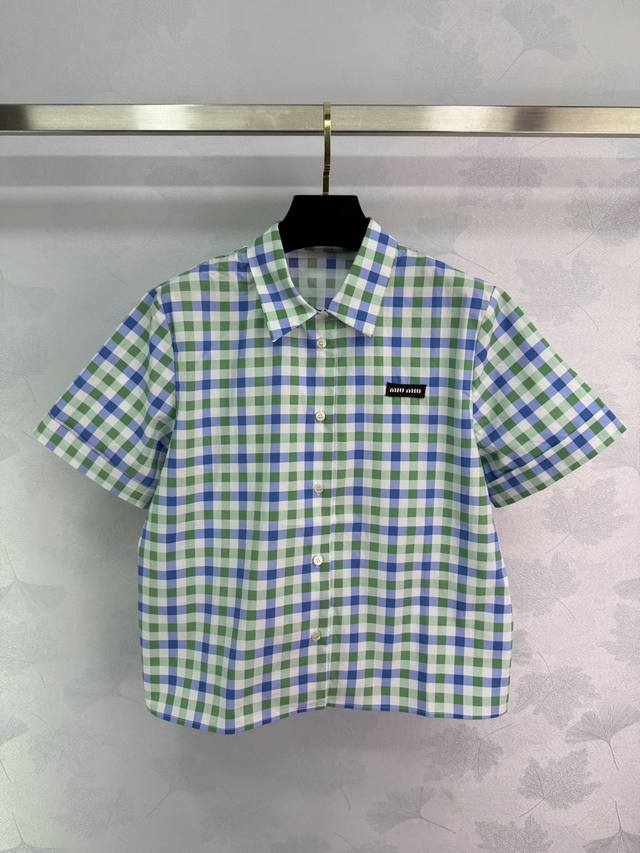 miu25 New Summer Logo Color Matching Plaid Short-Sleeved Shirt Fresh And Swee