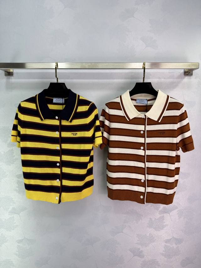 prad*25 Spring And Summer New Knitted Lapel Short-Sleeved Cardigan With Color