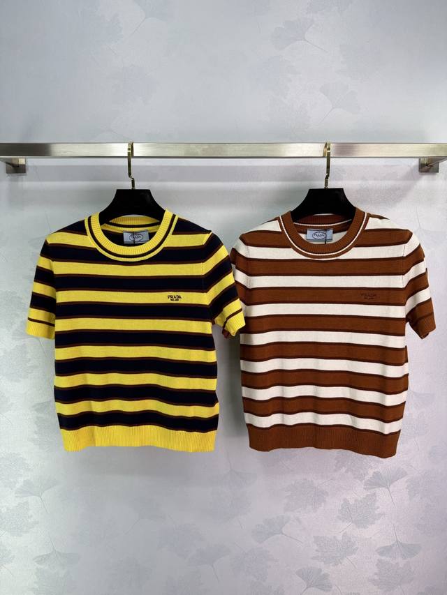 prad*25 Spring And Summer New Knitted Round Neck Short Sleeves Color Stripe S