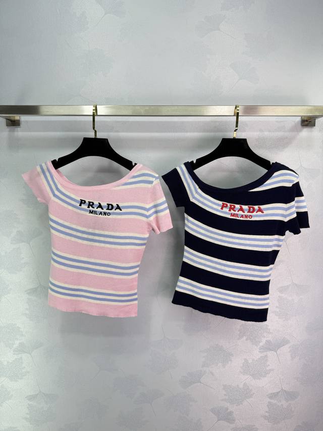 pr*Da 2025 Spring And Summer Latest Series Letter Logo Jacquard Striped Knitt