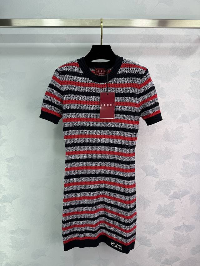gucc* Home 25 New Summer Short-Sleeved Knitted Dress With Contrasting Stripes