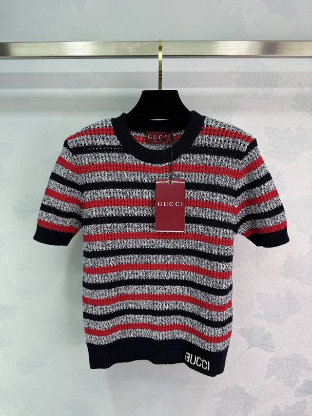gucc*25 New Summer Style Round Neck Knitted Short Sleeves With Contrasting St