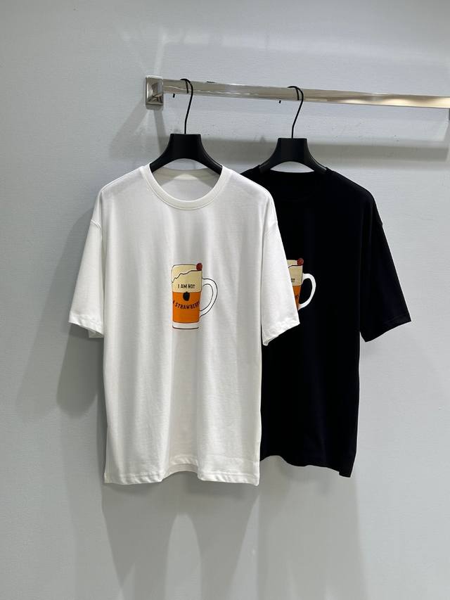 25Ss Spring And Summer New Strawberry Wine Cup Print T-Shirt With Hand-Painte
