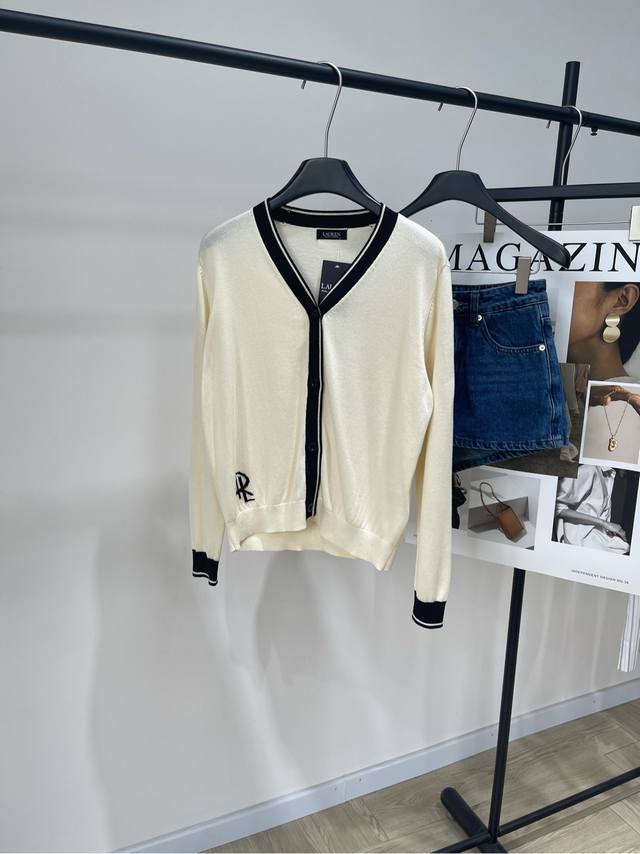 Raff Beige Black-Edged V-Neck Cardigan Fabric: Tencel Cotton Color: Beige Aprico