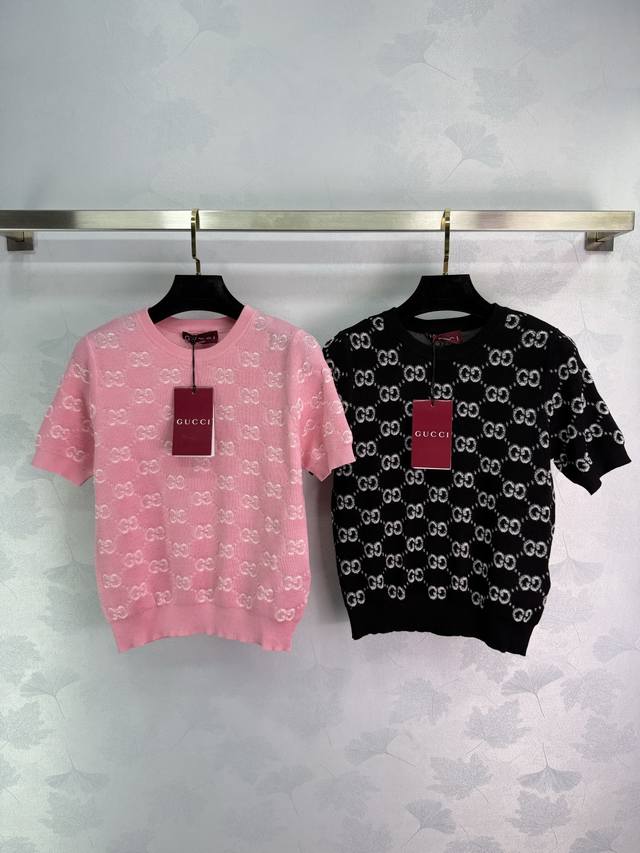 gucc*25 Spring And Summer New Knitted Round Neck Short Sleeves Classic Double