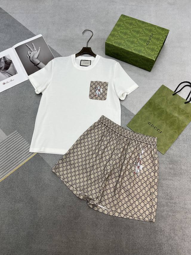 High Quality Gucc* 25Ss Summer New Style Printed Shorts + Short Sleeve T-Shirt S