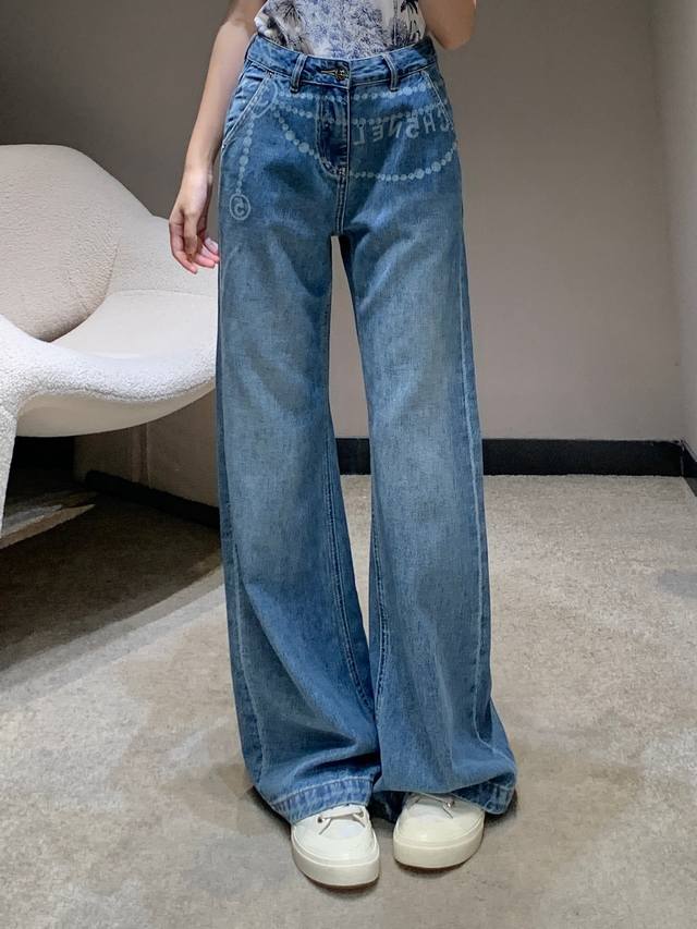 chane* 25Ss New Spring And Summer Chain Laser Printed Flared JeansExclusive H