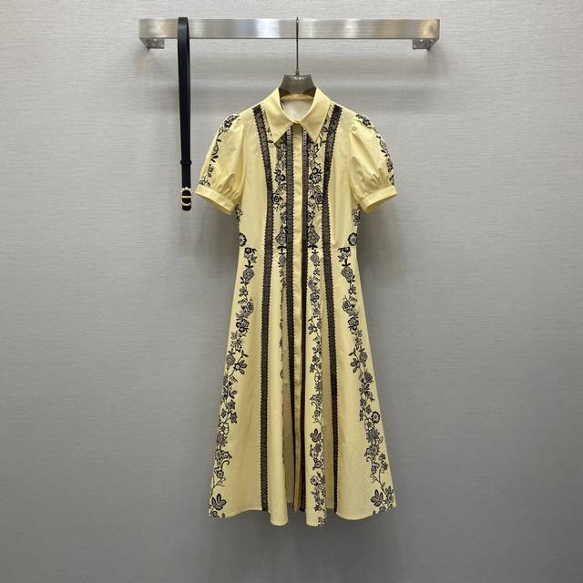 di*25Ss Digital Positioning Printing Heavy Hollow Embroidery Lapel Dress With