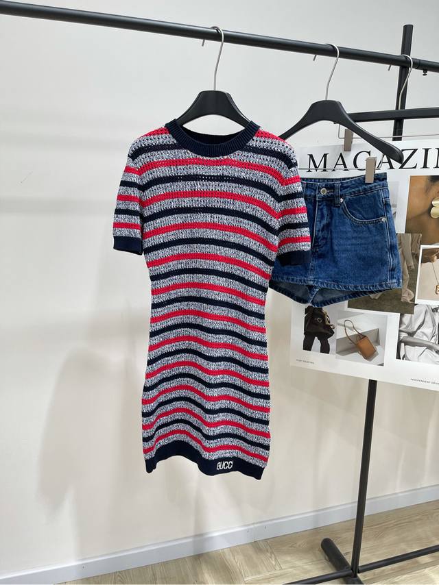 gu Red And Blue Striped Hollow Short-Sleeved Dress Fabric: Cotton + Nylon Col