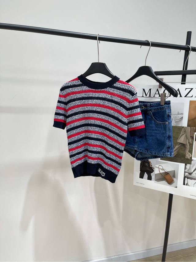 gu Red And Blue Striped Hollow Knitted Short Sleeves Fabric: Cotton + Nylon C