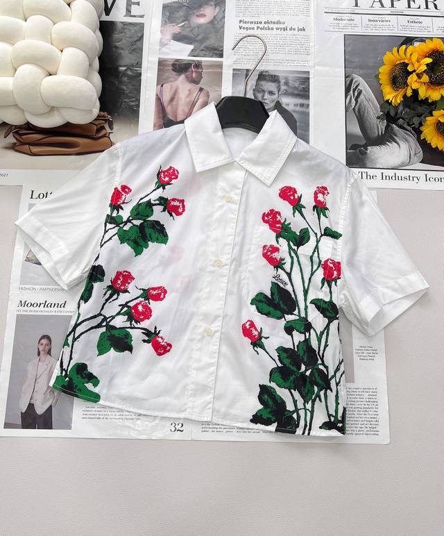 loewe25Ss Spring And Summer New Rose Print Lapel Short White Shirt | Exclusiv