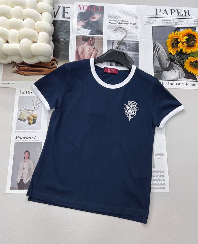 gucci25Ss Spring And Summer New Style Splicing Thread Round Neck Short-Sleeve
