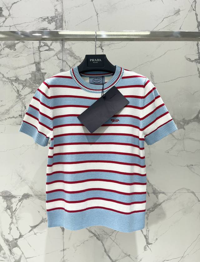Prada Triangle Logo Letter Embroidery Slim Fit Striped Knitted Short Sleeves As