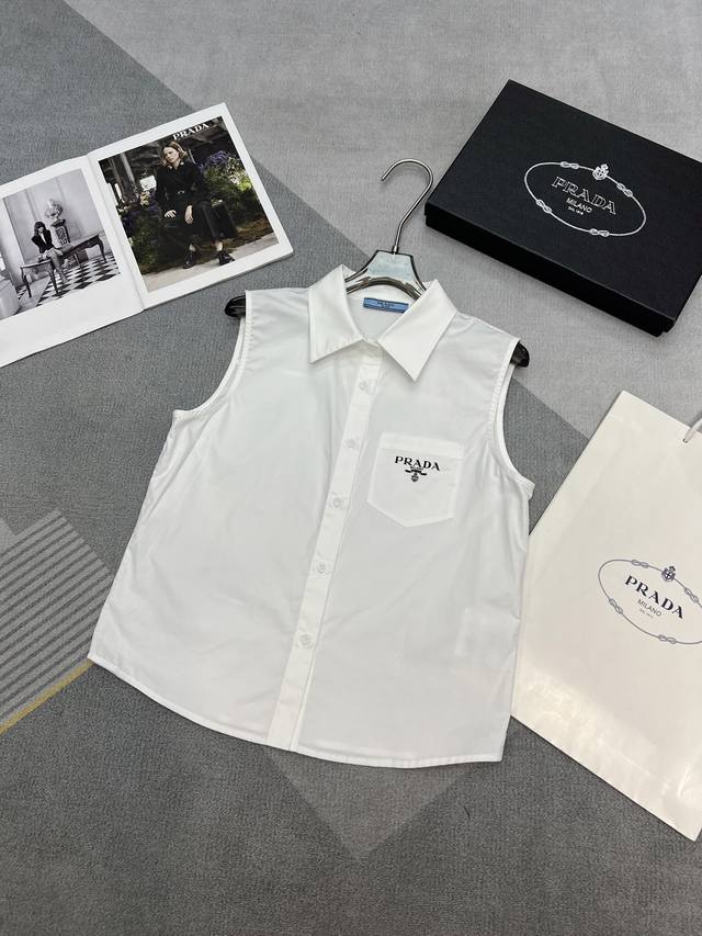 High Quality Prada2025 Summer New Style Lapel Sleeveless Vest Shirt Simple Atmos