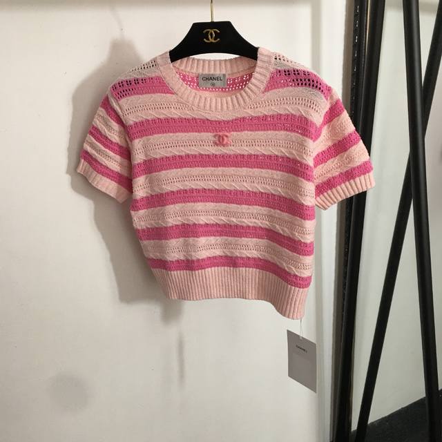 Style No. 20253050 Chane* New Flocked Logo Colorblock Striped Hollow Short Sleev