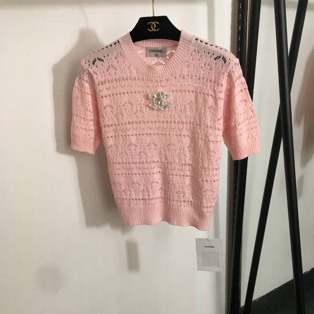 Style No. 20253042 Chane* New Pearl Logo Beaded Flower Hollow Short-Sleeved Knit
