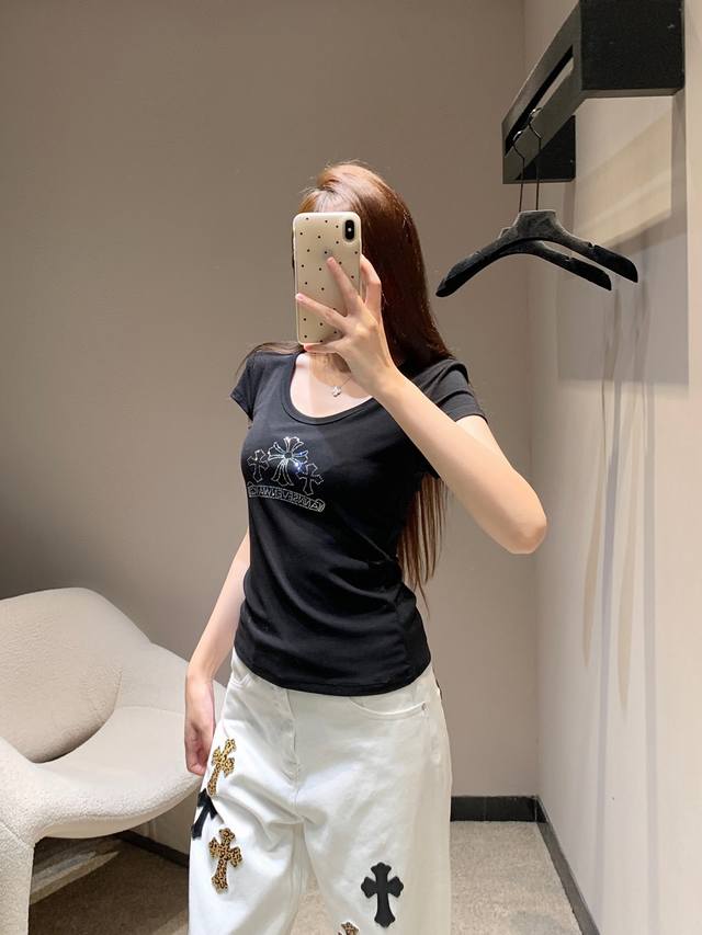 chorme Heart* 25Ss New Spring And Summer Cross Hot Diamond Print Round Neck S