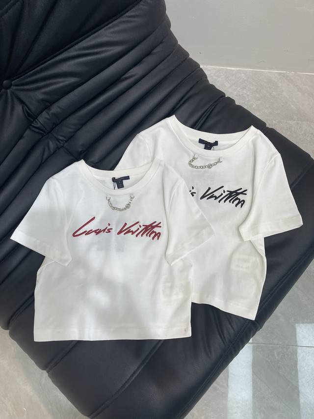 louis Vuitto*25 New Short Embroidered Letter Chain Short-Sleeved T-Shirt Cust