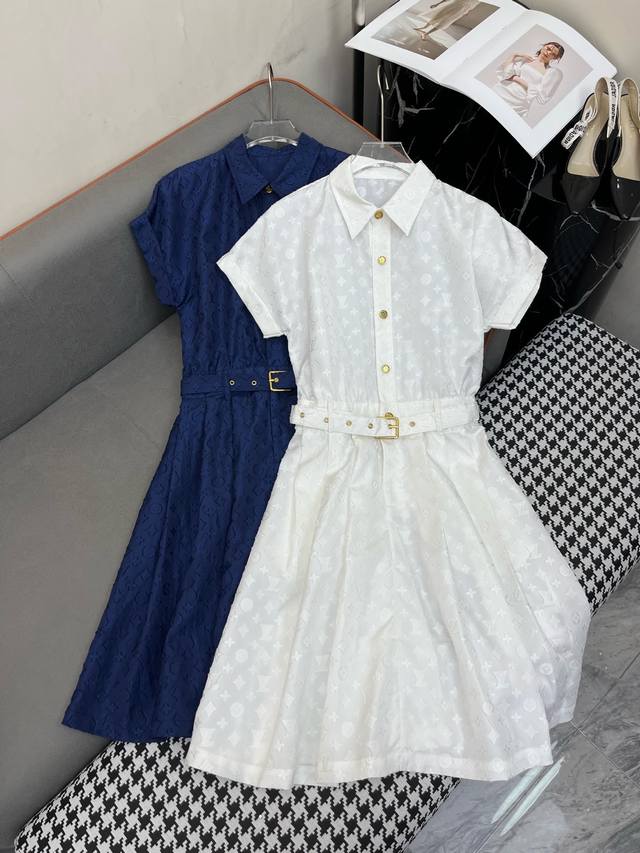 louis Vuitto* 25Ss New Lapel Dress Old Flower Jacquard Fabric With Belt Tempe