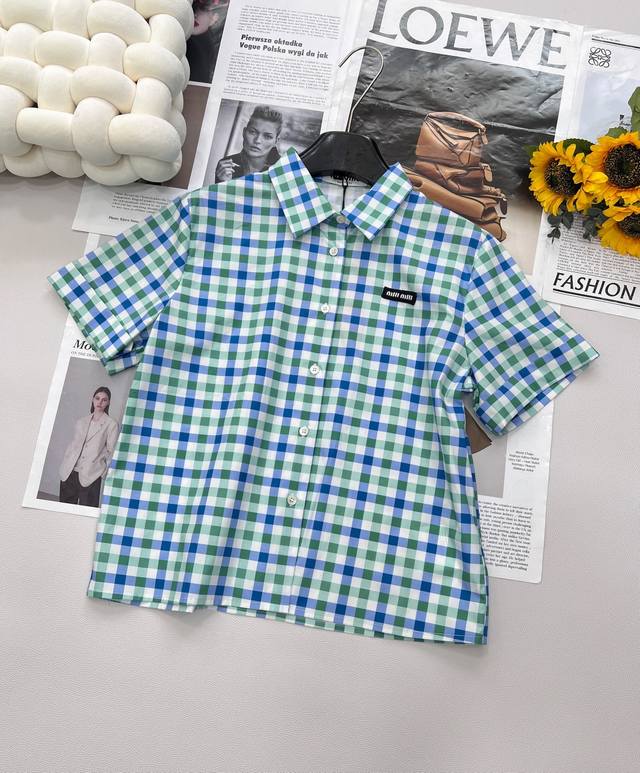 miumiu25Ss New Spring And Summer Logo Color Block Plaid Short-Sleeved Shirt |