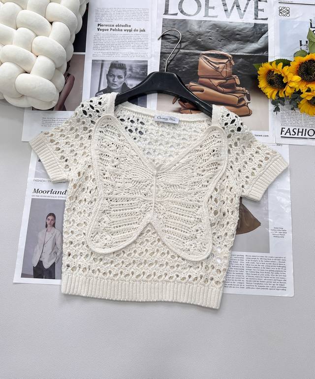 l2250 215Dior2025Sshandmade Crochet Hollow Short-Sleeved Short Skirt Suit, Cu