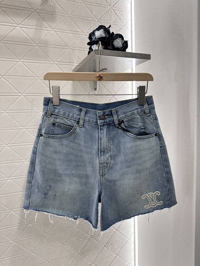 celin*2025 New Arrivals Raw-Edge High-Waist Denim Shorts Customized Yb Twill