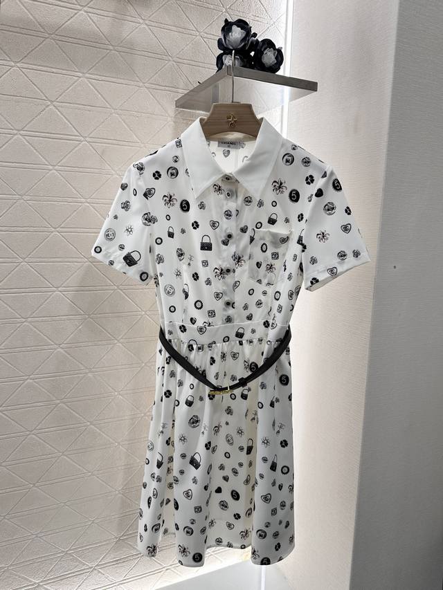 chane*2025 New Arrivals Printed Lapel Dress Customized Yb Imported Twill Fabr